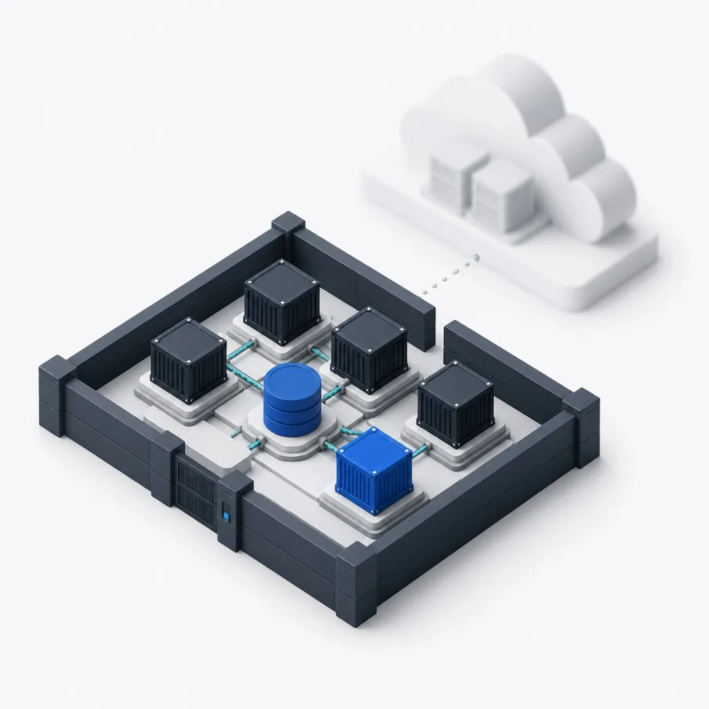Enceinte locale avec moteurs et base, nuage distant en arrière-plan